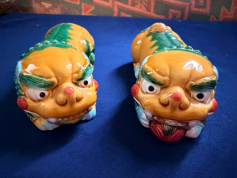 Vintage Miniature Sancai Glazed Ceramic Foo Dog Figurines Pair 5.5" Guardian
